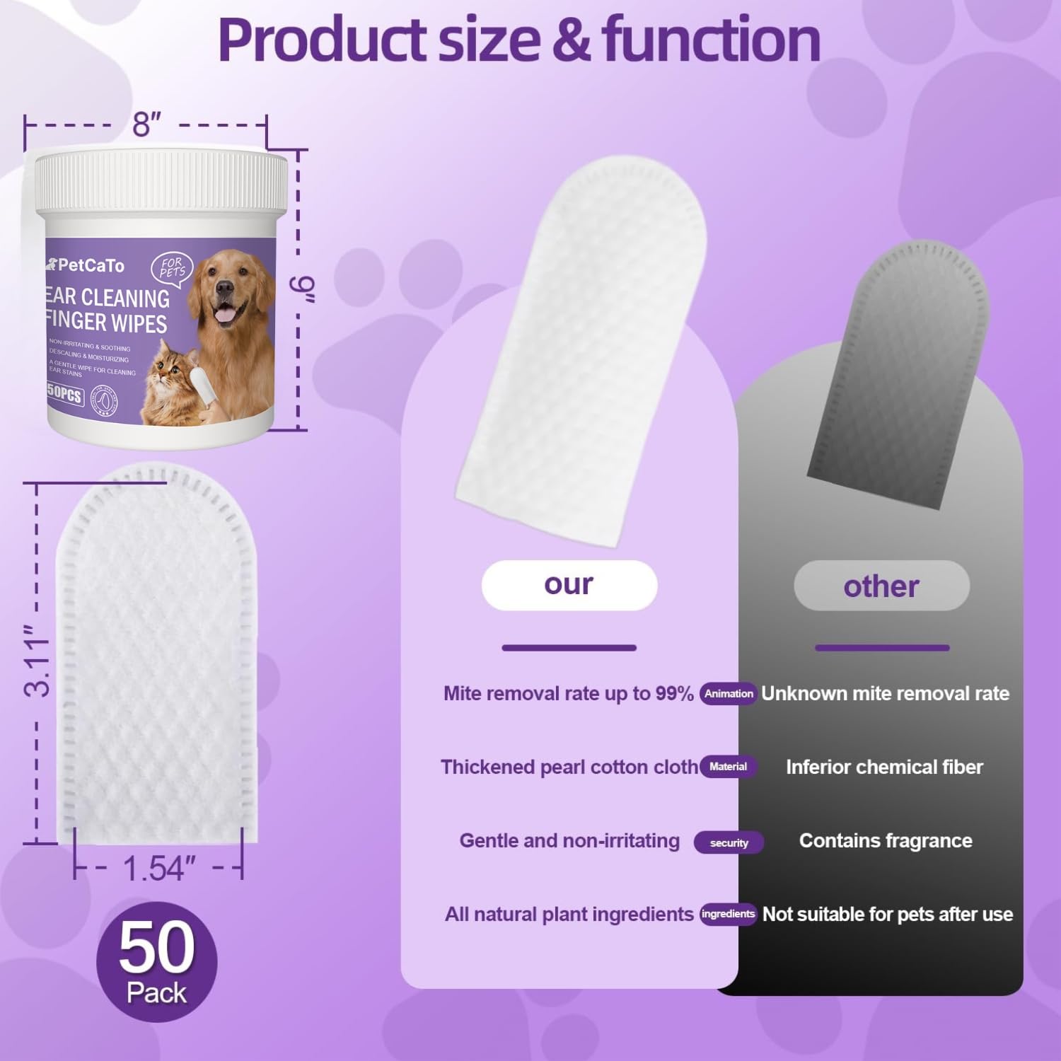 Pet Ear Cleaning Wipes for Dogs & Cats | 50 Disposable Dog Ear Cleaner Wipes with Gentle Solution | Alcohol-Free Itch, Odor & Wax Remover - Image 2