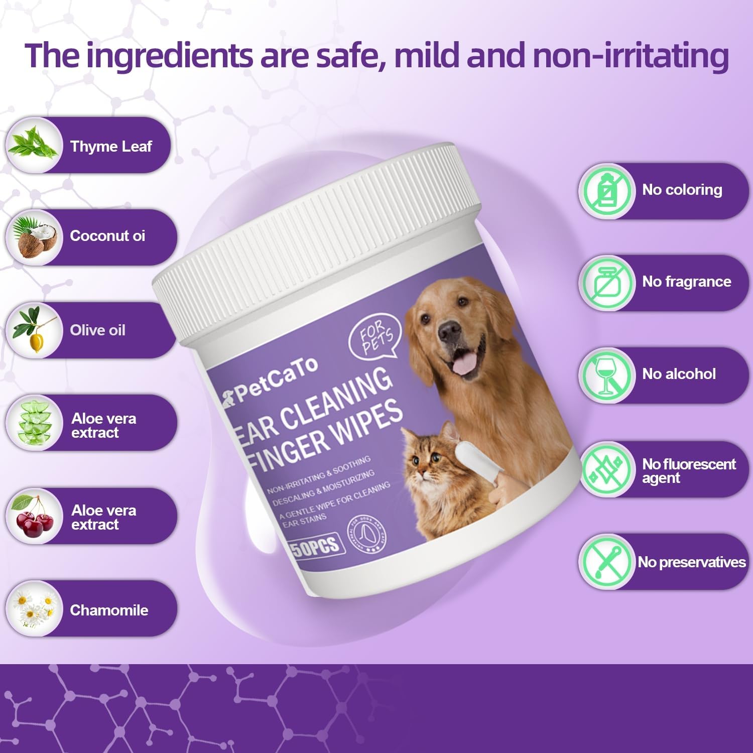 Pet Ear Cleaning Wipes for Dogs & Cats | 50 Disposable Dog Ear Cleaner Wipes with Gentle Solution | Alcohol-Free Itch, Odor & Wax Remover - Image 3