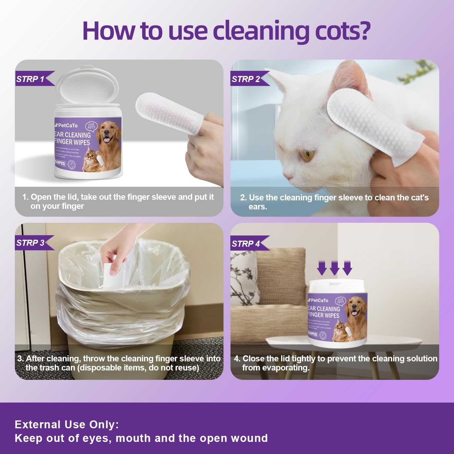 Pet Ear Cleaning Wipes for Dogs & Cats | 50 Disposable Dog Ear Cleaner Wipes with Gentle Solution | Alcohol-Free Itch, Odor & Wax Remover - Image 4